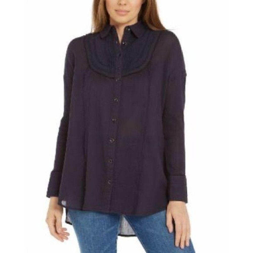Free People NEW Navy Blue Contrast Seam Blouse Top‎